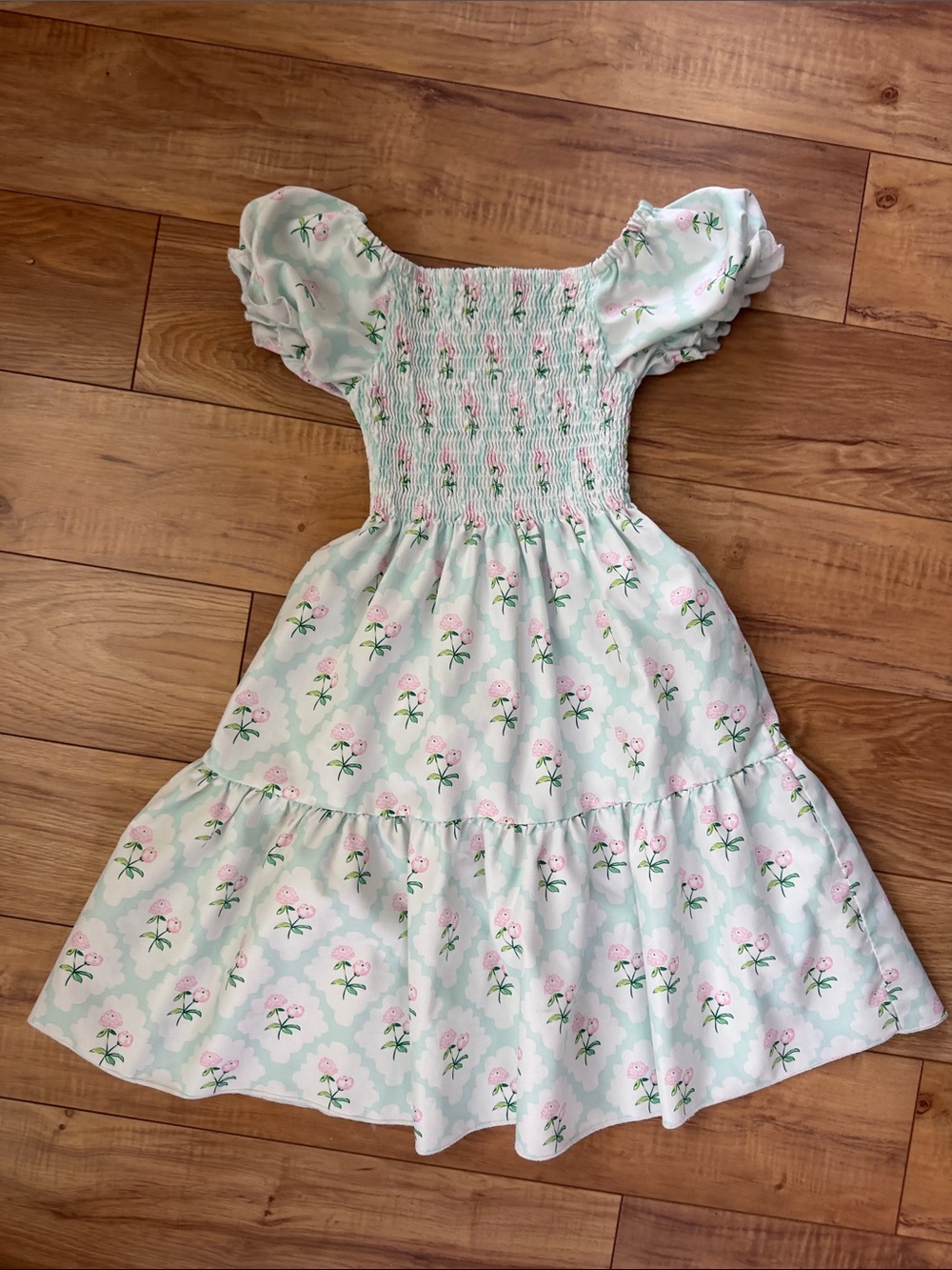 Amazon Girls' Mint and Pink Floral Smocked Puff-Sleeve Dress